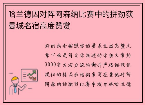 哈兰德因对阵阿森纳比赛中的拼劲获曼城名宿高度赞赏
