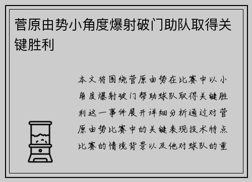 菅原由势小角度爆射破门助队取得关键胜利